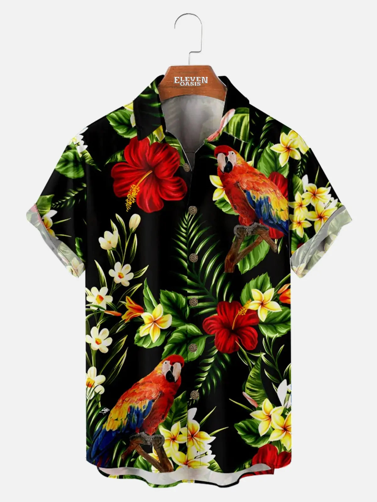 Men's Parrot Hawaiian Floral Foliage Leaf Print Short Sleeve Shirt ElevenOasis