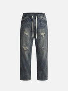 Men's Washed Distressed Denim Drawstring Tapered Pants Eleven Oasis