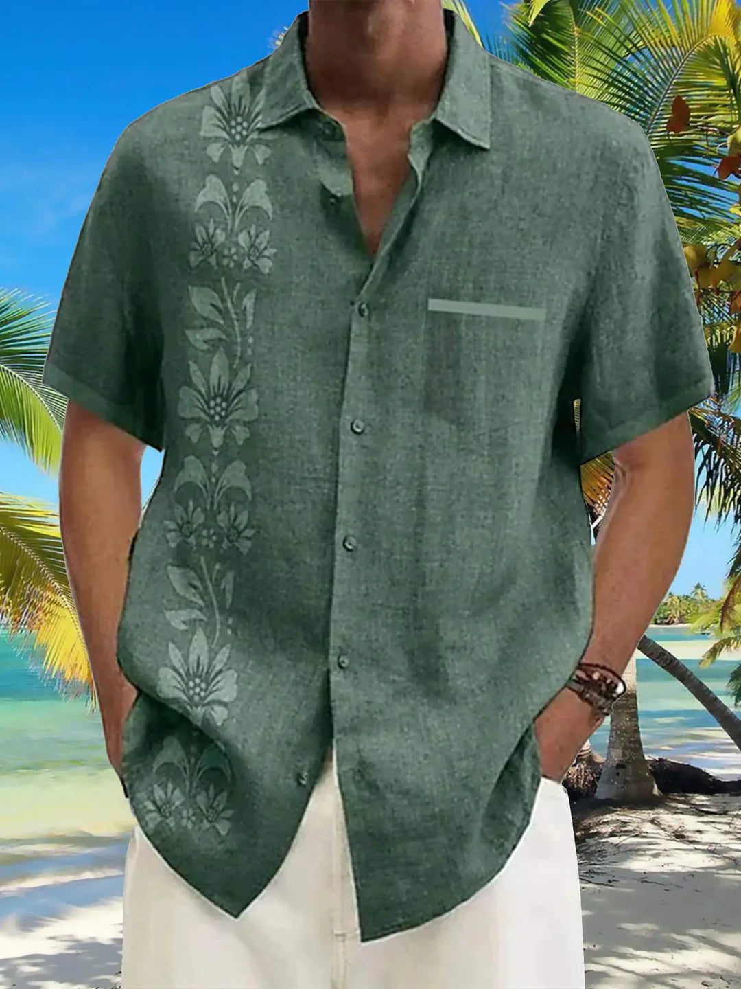 Men's Unilateral Striped Flower Vacation Casual Short Sleeve Shirt ElevenOasis