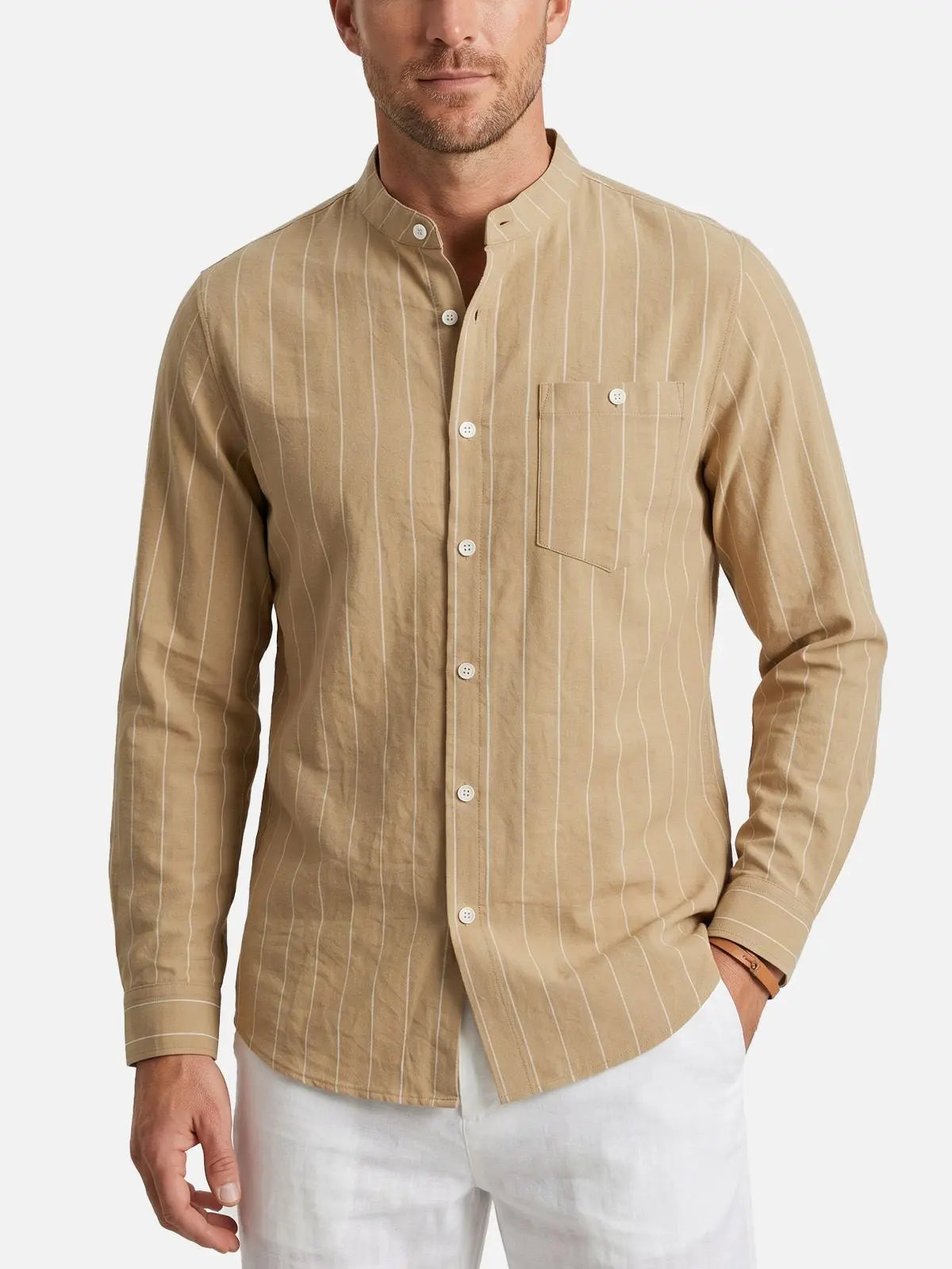 Men's Slim Fit Vertical Stripe Mandarin Collar Long Sleeve Shirt Eleven Oasis
