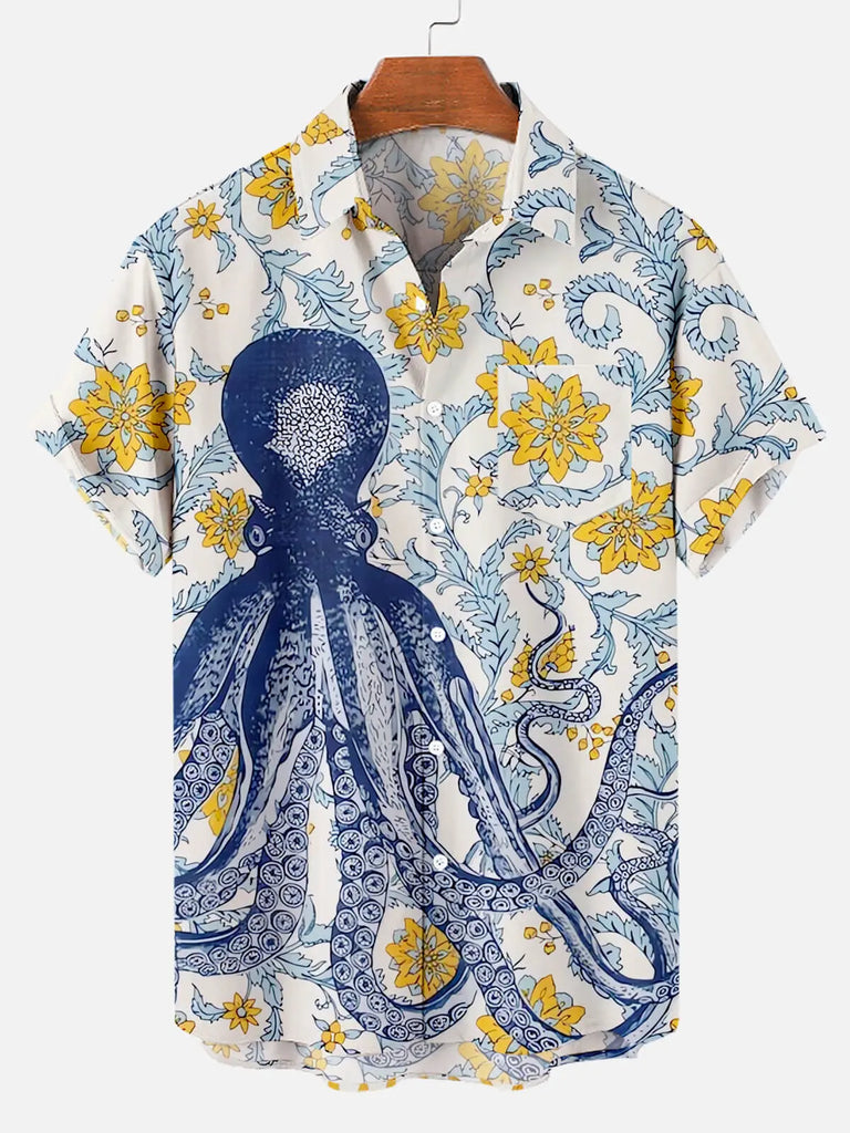 Octopus Floral Print Men's Hawaiian Short Sleeve ShirtMens short sleeve shirts Big and tall Mens shirts Short sleeve shirts for men Mens 4xl shirts Casual short sleeve shirts