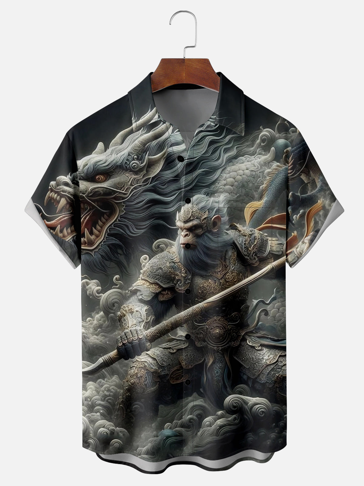 Men's Monkey King Wu Kong with Chinese Dragon Short Sleeve ShirtMens short sleeve shirts Big and tall Mens shirts Short sleeve shirts for men Mens 4xl shirts Casual short sleeve shirts