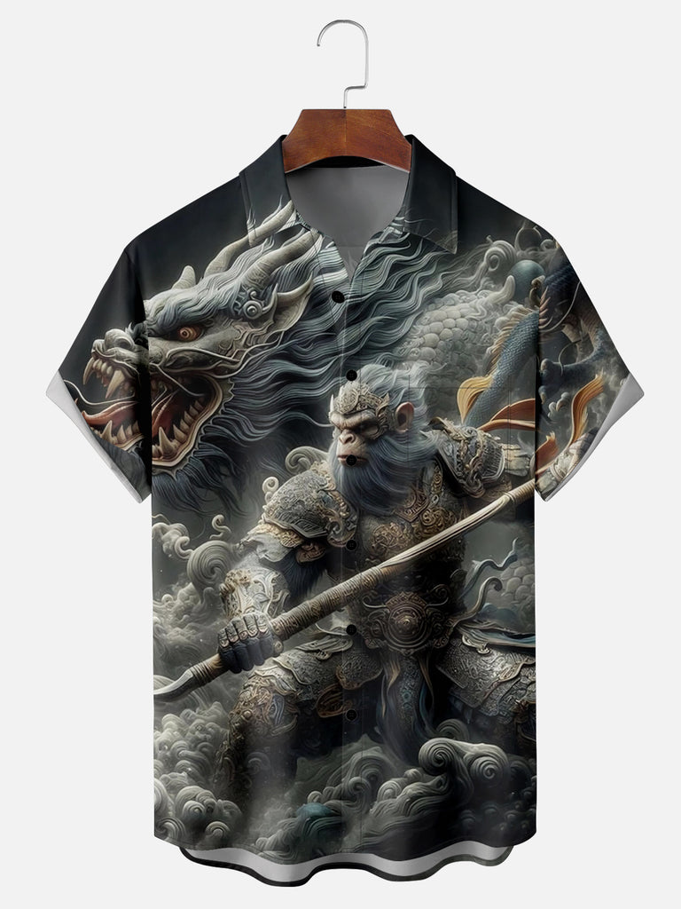 Men's Monkey King Wu Kong with Chinese Dragon Short Sleeve ShirtMens short sleeve shirts Big and tall Mens shirts Short sleeve shirts for men Mens 4xl shirts Casual short sleeve shirts