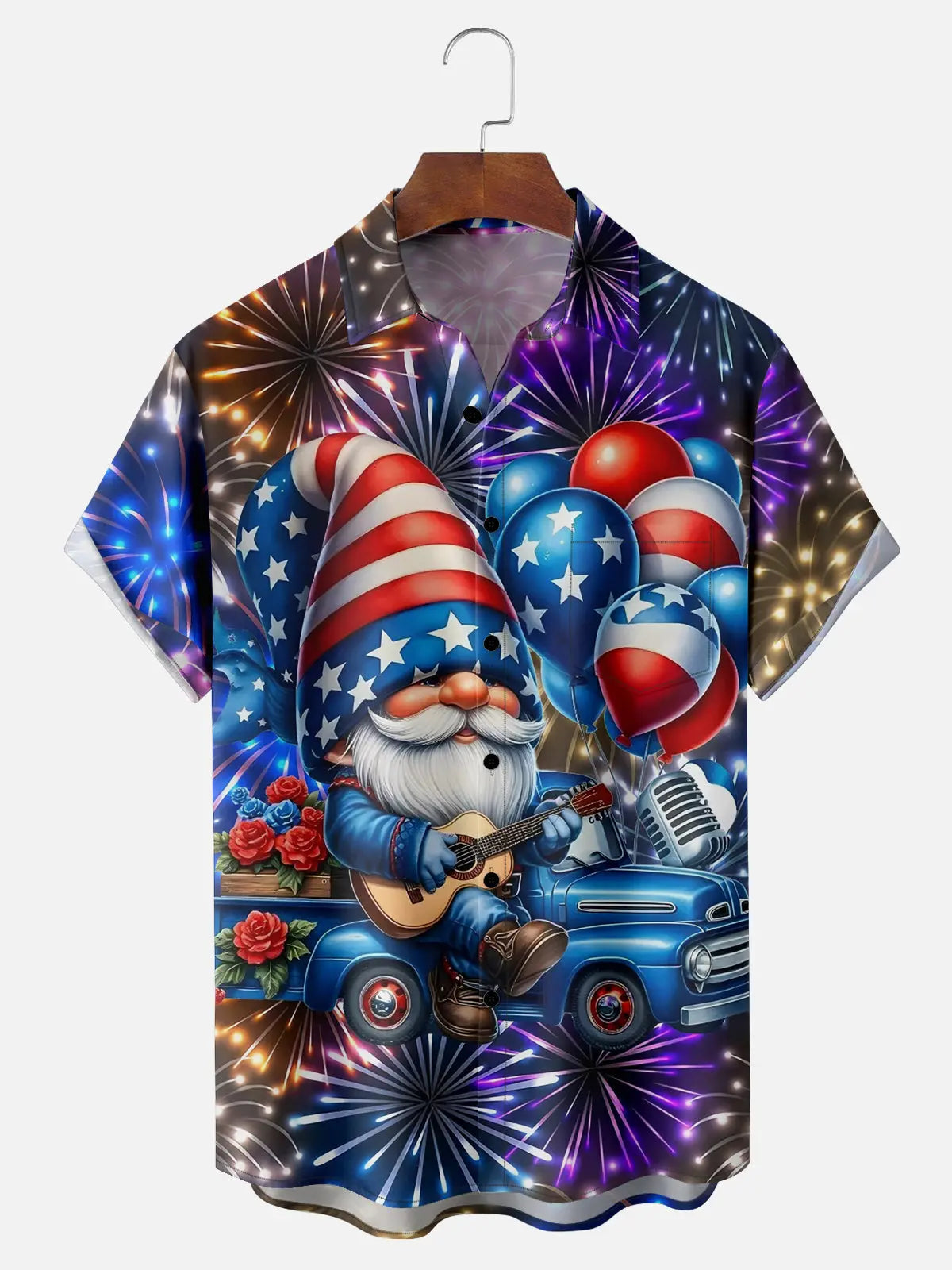 Men's American Flag Fireworks Balloons Gnome Short Sleeve ShirtMens short sleeve shirts Big and tall Mens shirts Short sleeve shirts for men Mens 4xl shirts Casual short sleeve shirts