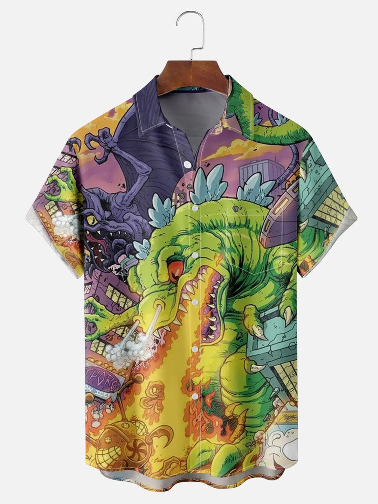 Men's Fire-Breathing Dinosaur Dragon Short Sleeve ShirtMens short sleeve shirts Big and tall Mens shirts Short sleeve shirts for men Mens 4xl shirts Casual short sleeve shirts