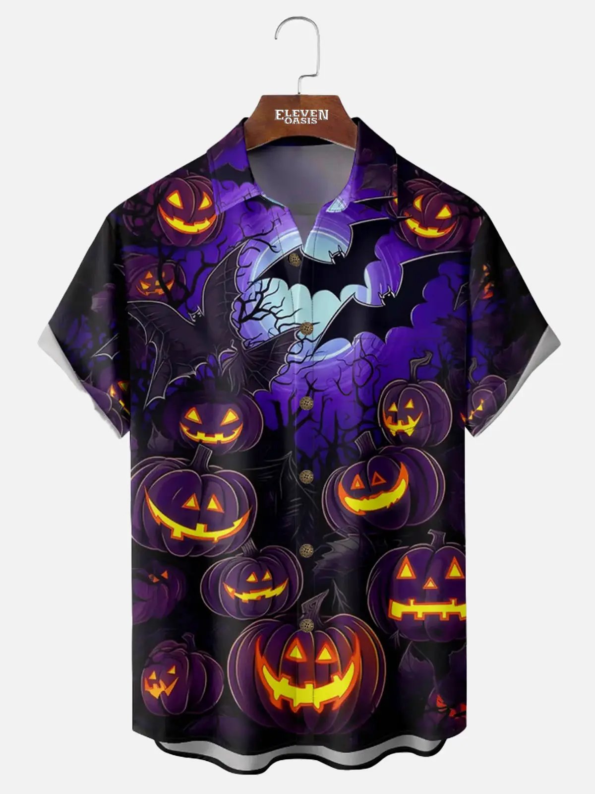 Men's Jack-O'-Lantern Bat Moon Short Sleeve Shirt ElevenOasis