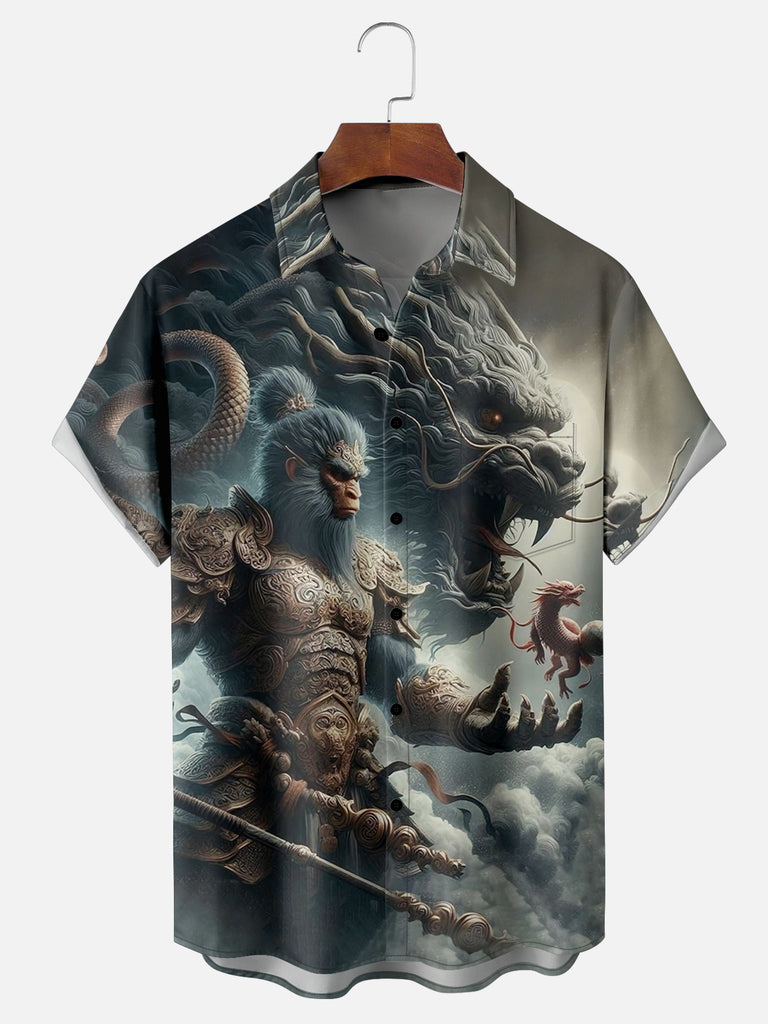 Men's Monkey King Wu Kong with Dragons Short Sleeve ShirtMens short sleeve shirts Big and tall Mens shirts Short sleeve shirts for men Mens 4xl shirts Casual short sleeve shirts