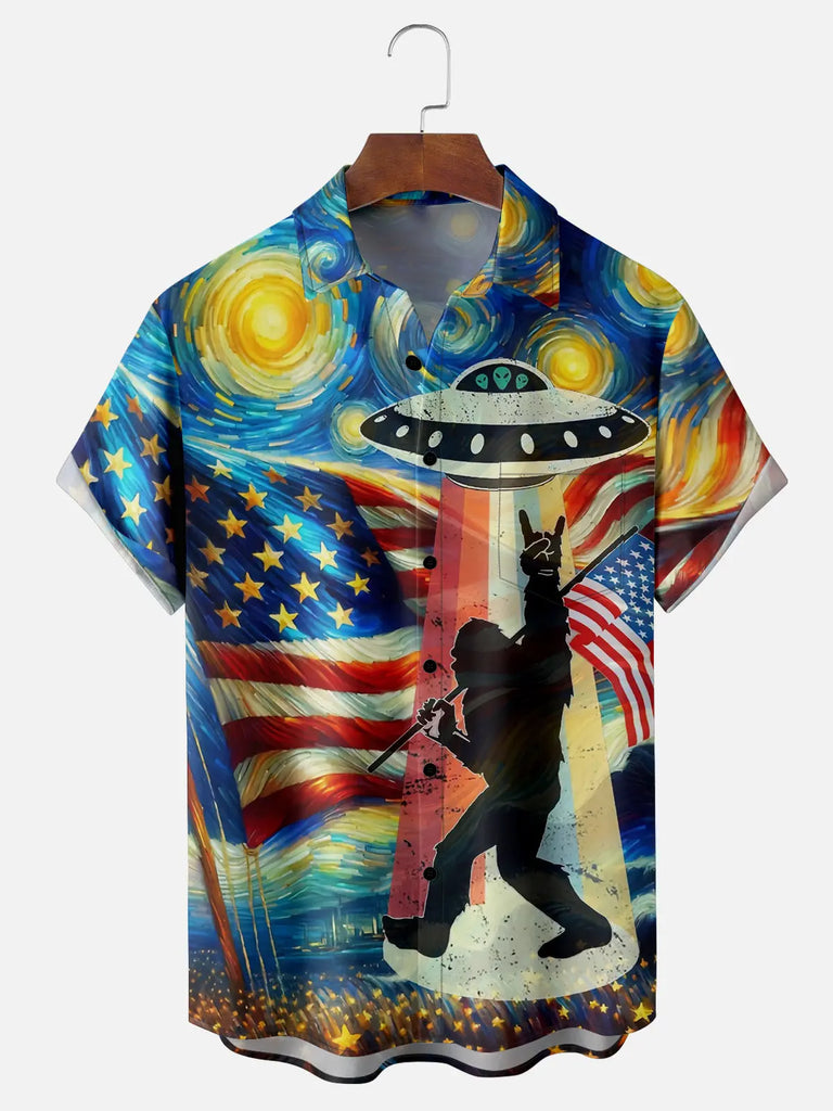 Men's American Flag Conspiracy Theory UFO Big Foot Psychedelic Short Sleeve ShirtMens short sleeve shirts Big and tall Mens shirts Short sleeve shirts for men Mens 4xl shirts Casual short sleeve shirts