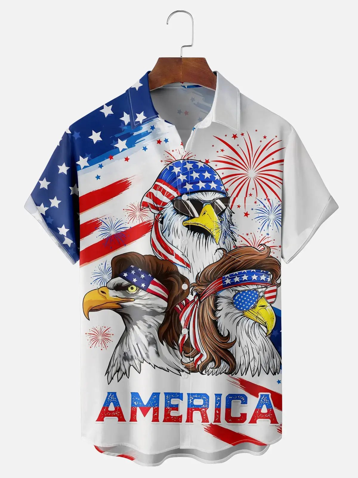 Men's American Flag Fireworks Cool Eagles Short Sleeve ShirtMens short sleeve shirts Big and tall Mens shirts Short sleeve shirts for men Mens 4xl shirts Casual short sleeve shirts