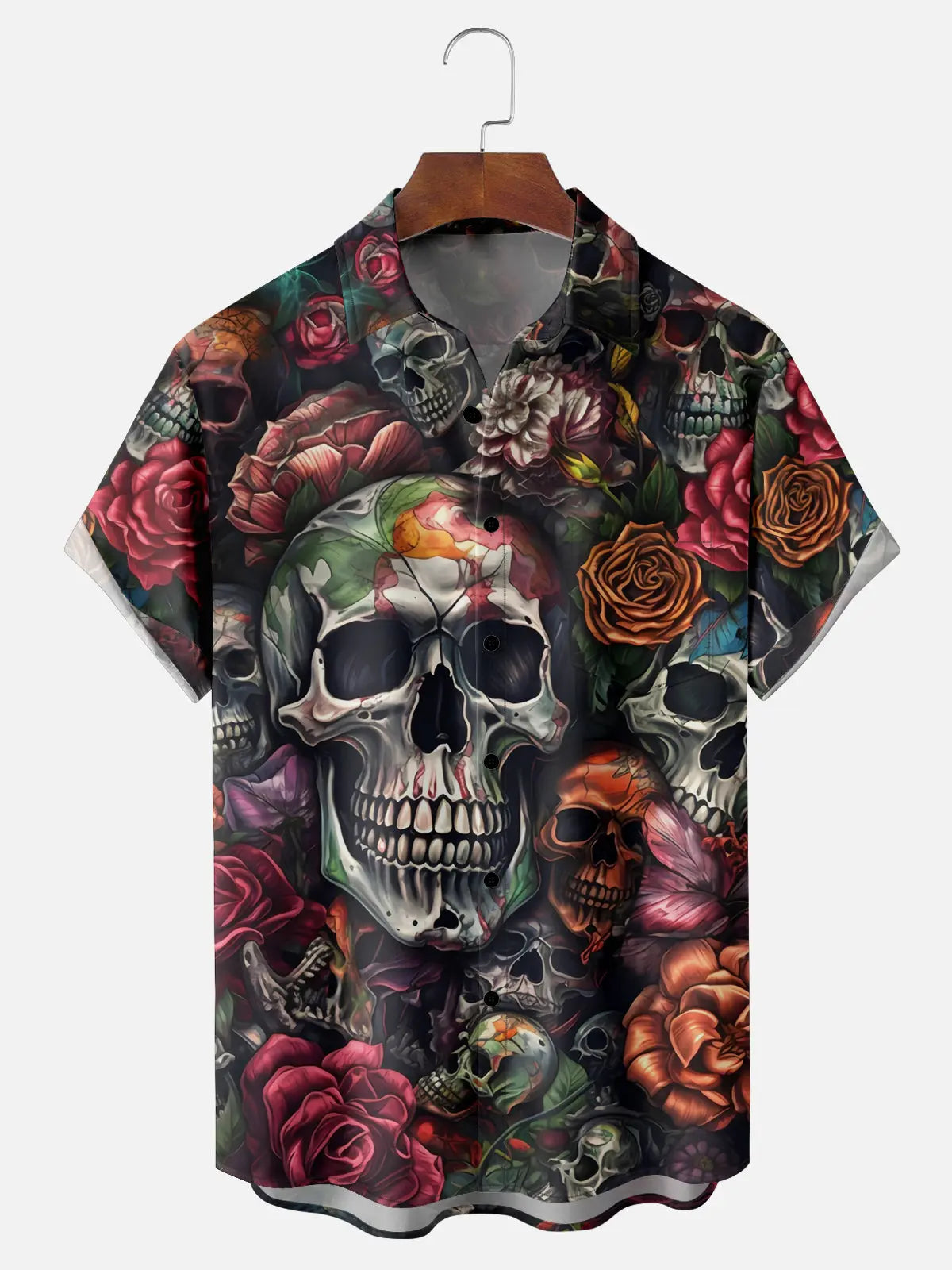 Men's Skulls and Roses Short Sleeve ShirtMens short sleeve shirts Big and tall Mens shirts Short sleeve shirts for men Mens 4xl shirts Casual short sleeve shirts