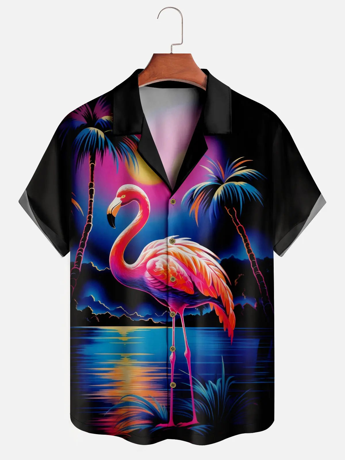 Men's Neon Flamingo with Palm Trees Short Sleeve ShirtMens short sleeve shirts Big and tall Mens shirts Short sleeve shirts for men Mens 4xl shirts Casual short sleeve shirts