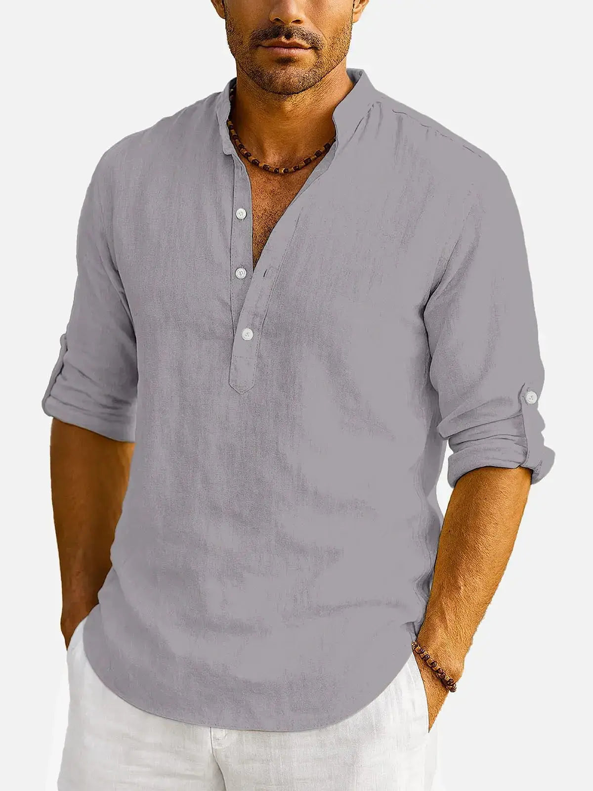 Men's Cotton Stand Collar Long Sleeve Shirt ElevenOasis