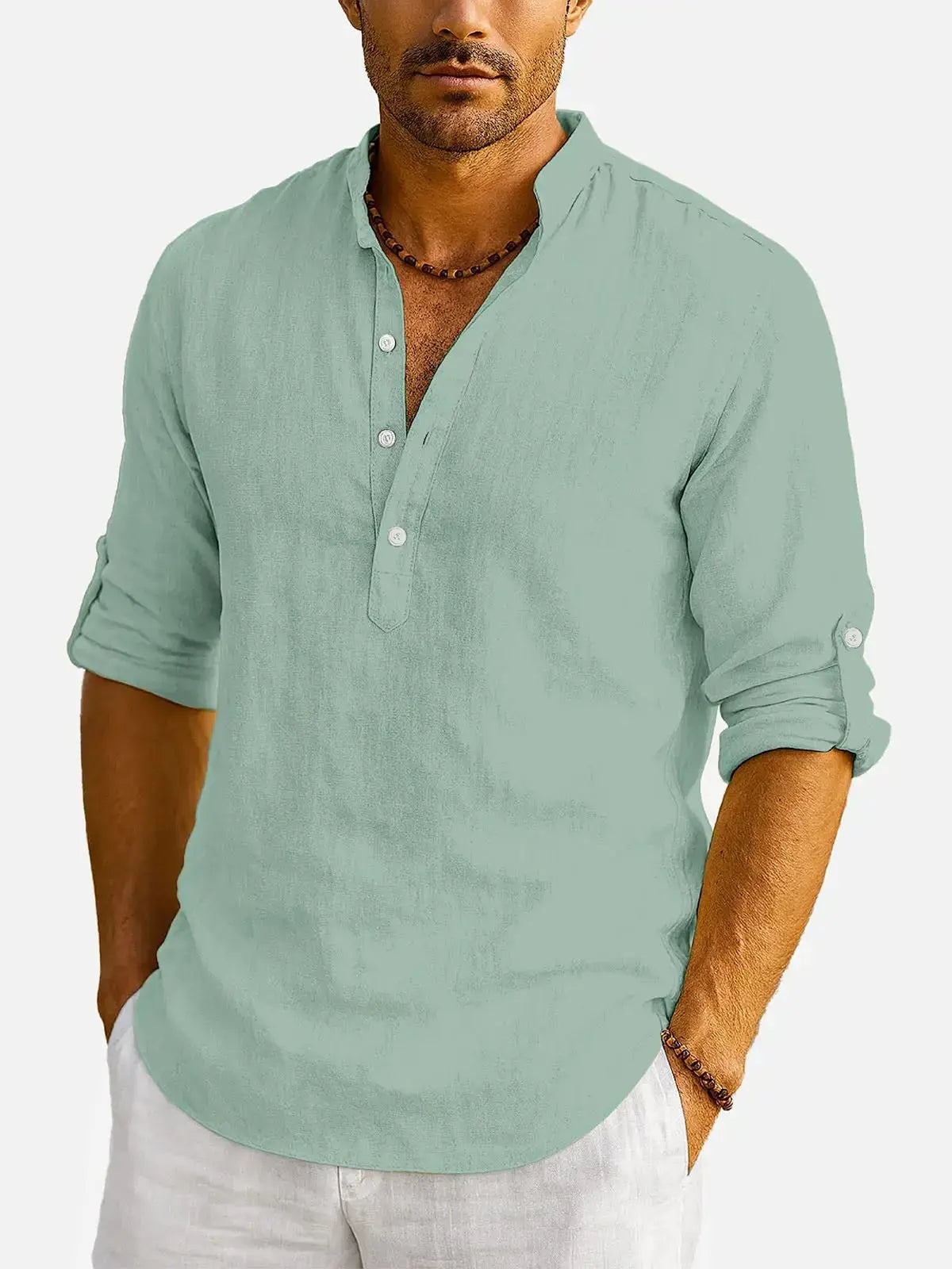 Men's Cotton Stand Collar Long Sleeve Shirt ElevenOasis