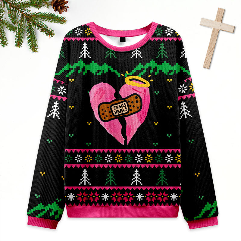 Jesus Heals Broken Hearts Ugly Christmas Sweater Eleven Oasis