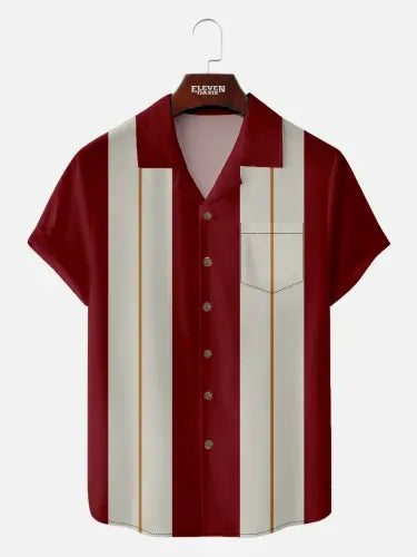 Men's Retro Pinstripe Bowling Short Sleeve Shirt ElevenOasis