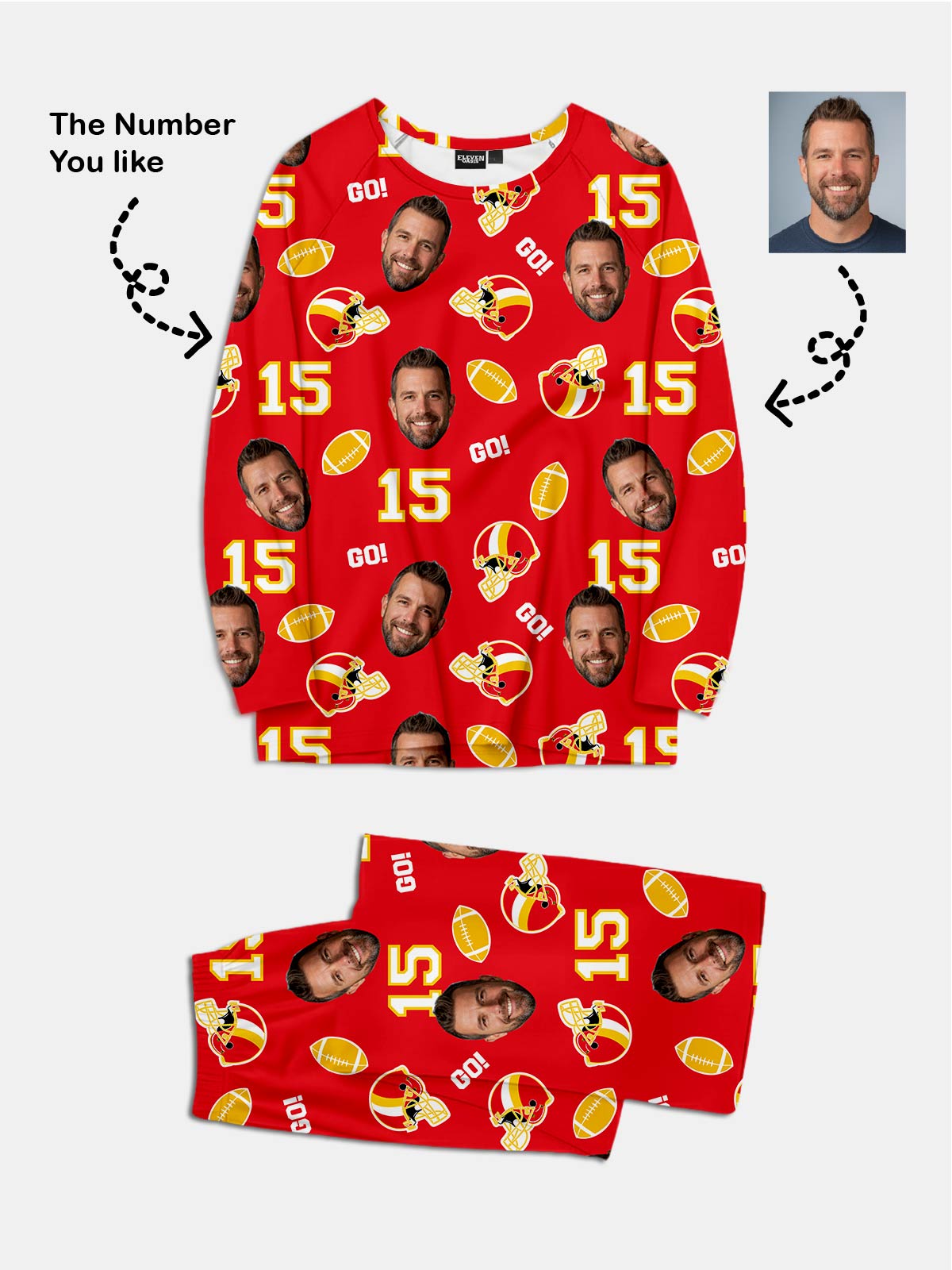 Custom Football Team & Face Pajama Set - Red & Gold Eleven Oasis