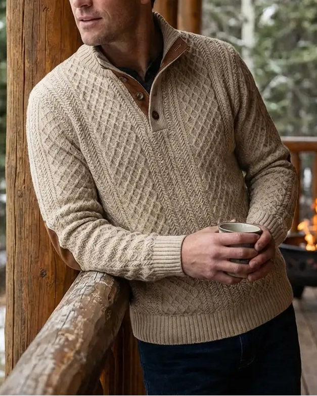 Man in a beige sweater holding a mug on a wooden deck with a fireplace and snowy trees in the background