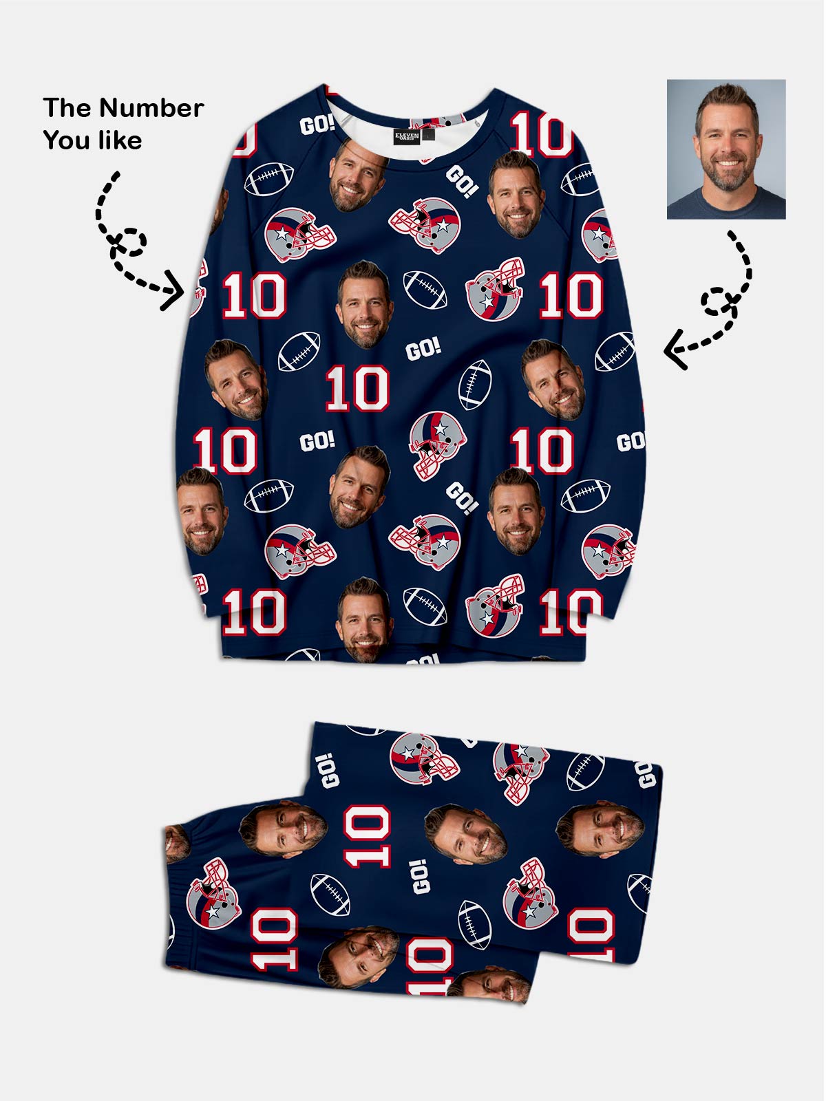 Custom Football Team & Face Pajama Set - New England Navy & Red Eleven Oasis