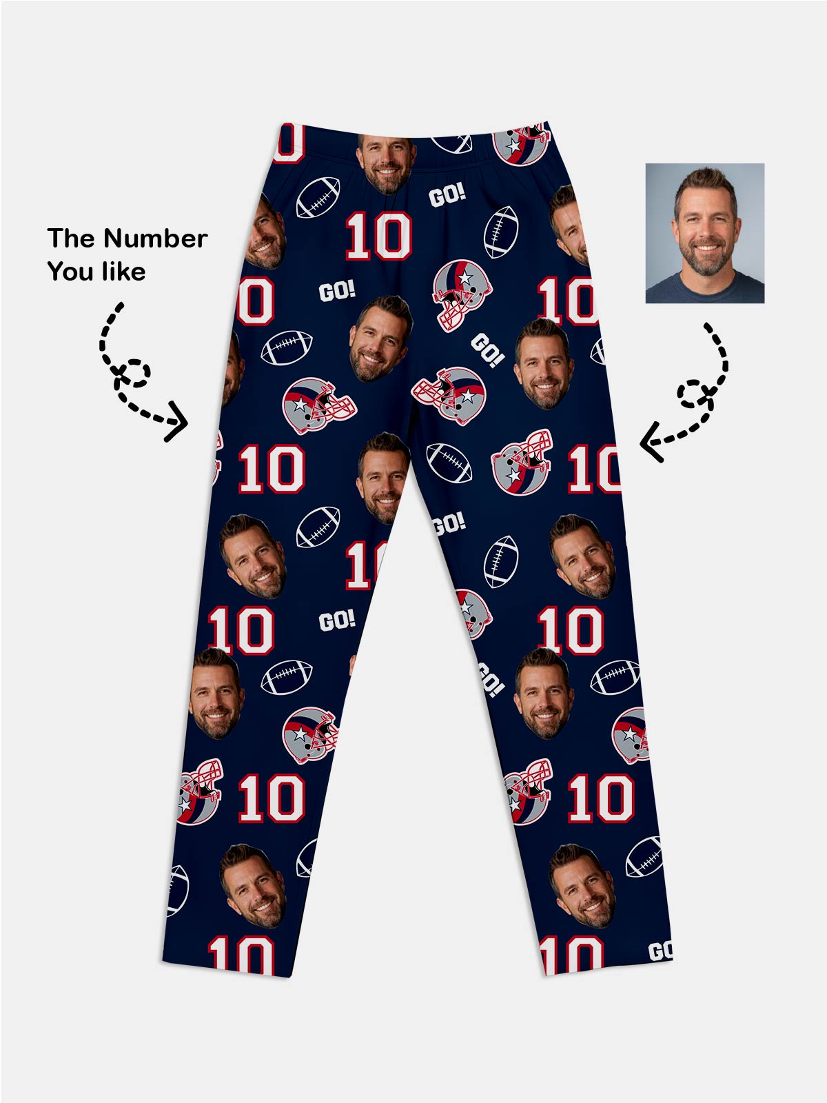 Custom Football Team & Face Pajama Set - New England Navy & Red Eleven Oasis