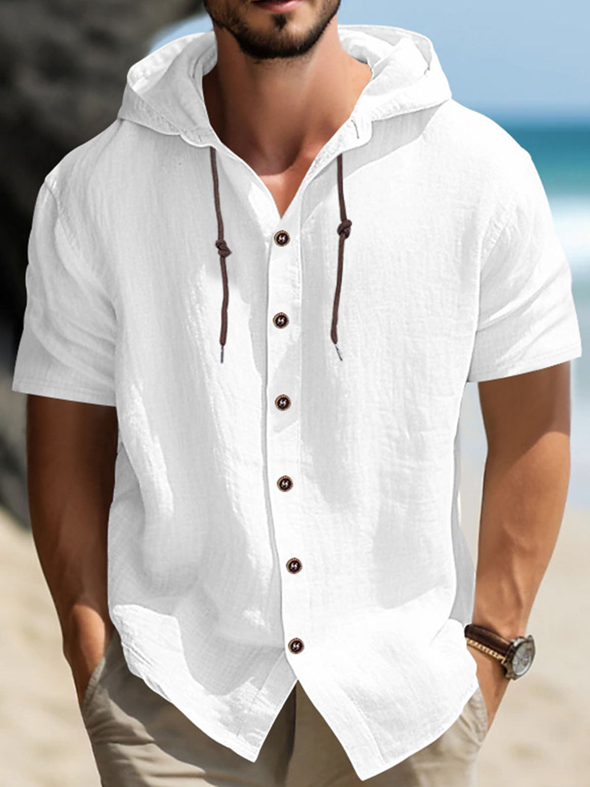 Men’s Solid Color Linen Hooded Shirt Casual Lazy Days Eleven Oasis