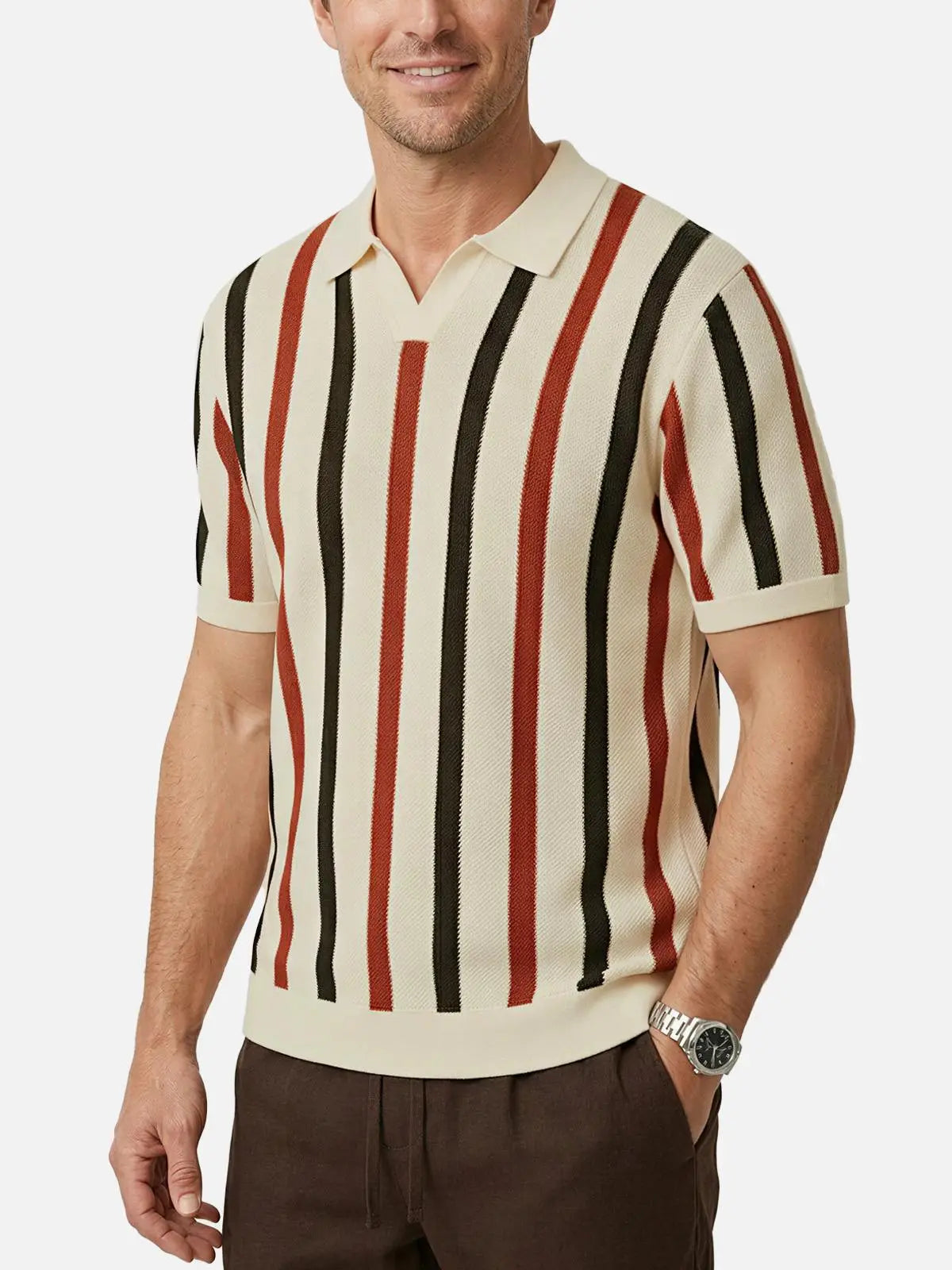 Men's Cream Rust & Olive Stripe Knit Short Sleeve Polo Shirt Eleven Oasis