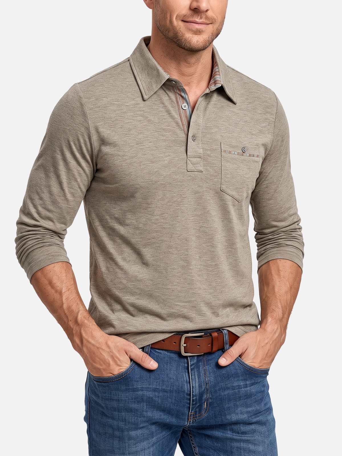 Men's Striped Trim Pocket Long Sleeve Polo Shirt Eleven Oasis