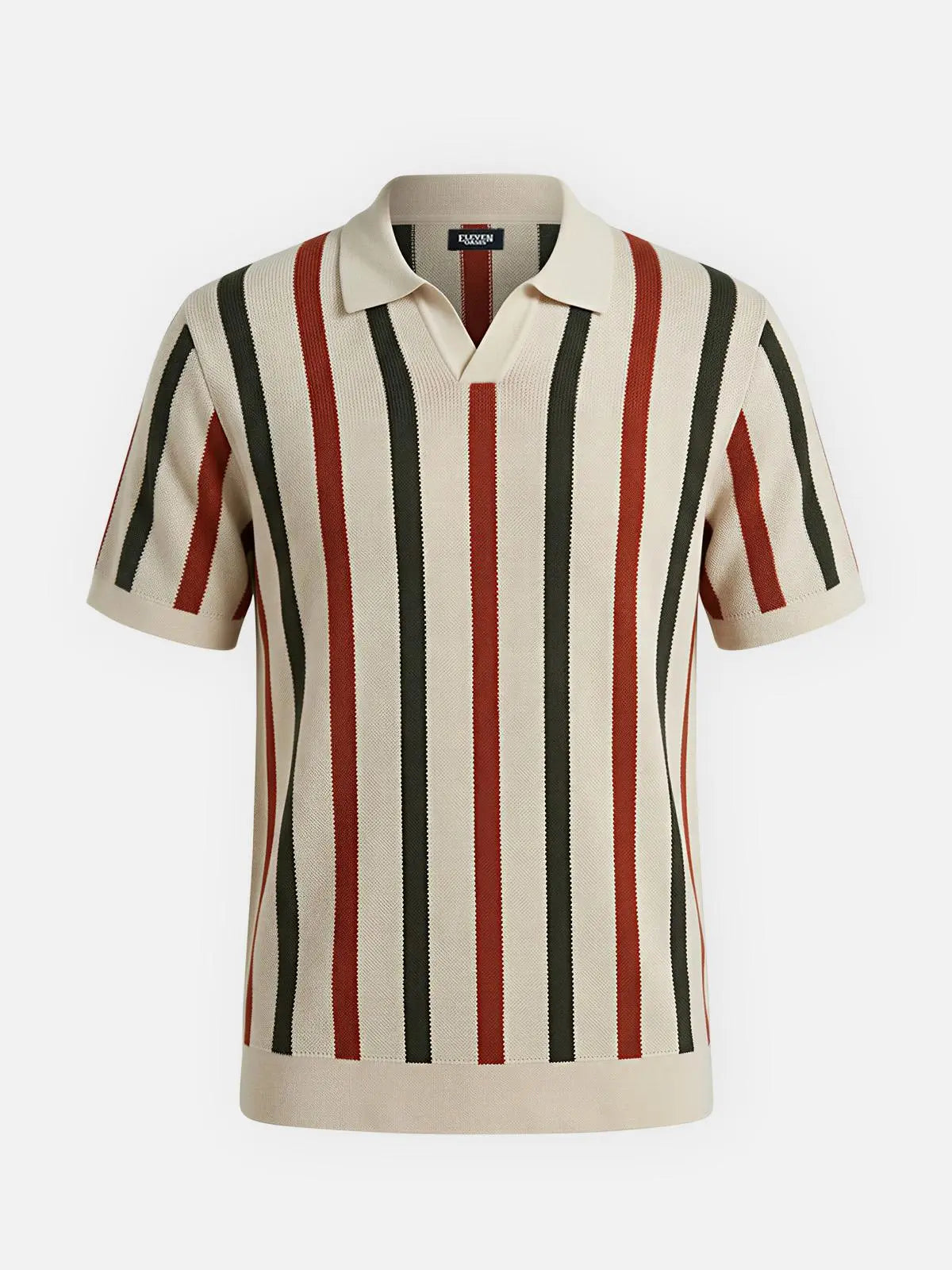 Men's Cream Rust & Olive Stripe Knit Short Sleeve Polo Shirt Eleven Oasis