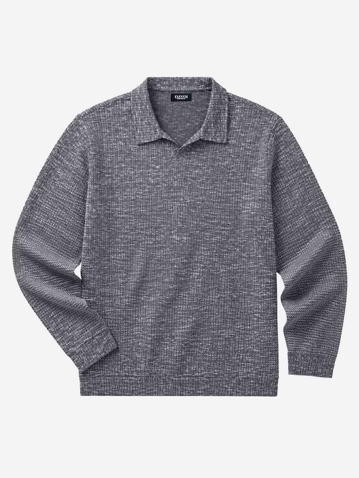 Men's Textured Knit Open-Collar Relaxed Fit Long Sleeve Polo Shirt