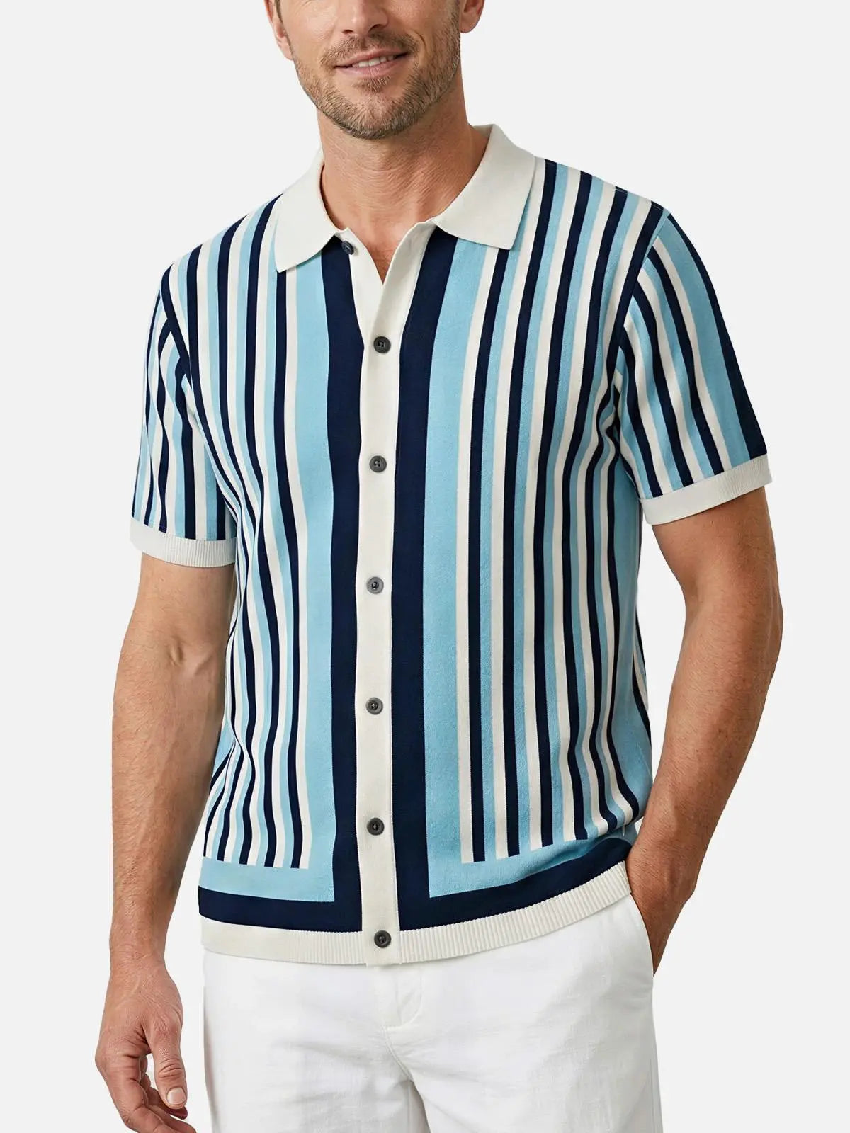 Men's Retro Stripe Knit Button Short Sleeve Shirt Eleven Oasis