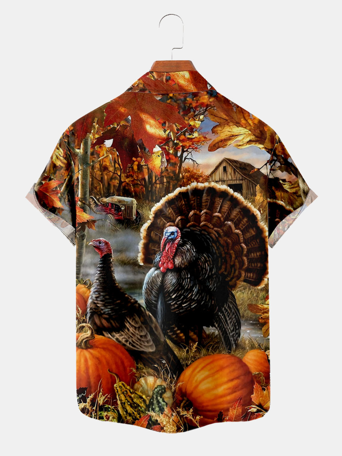 Men's Autumn Turkey Scene Short Sleeve Shirt ElevenOasis