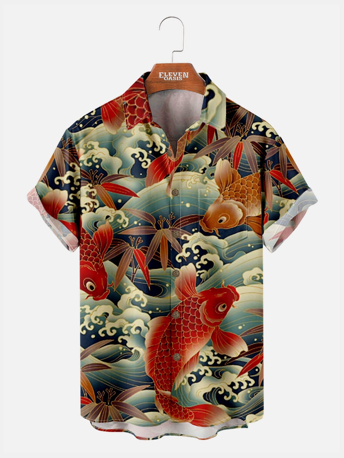 Men's Vintage Koi Fish Print Short Sleeve Shirt ElevenOasis