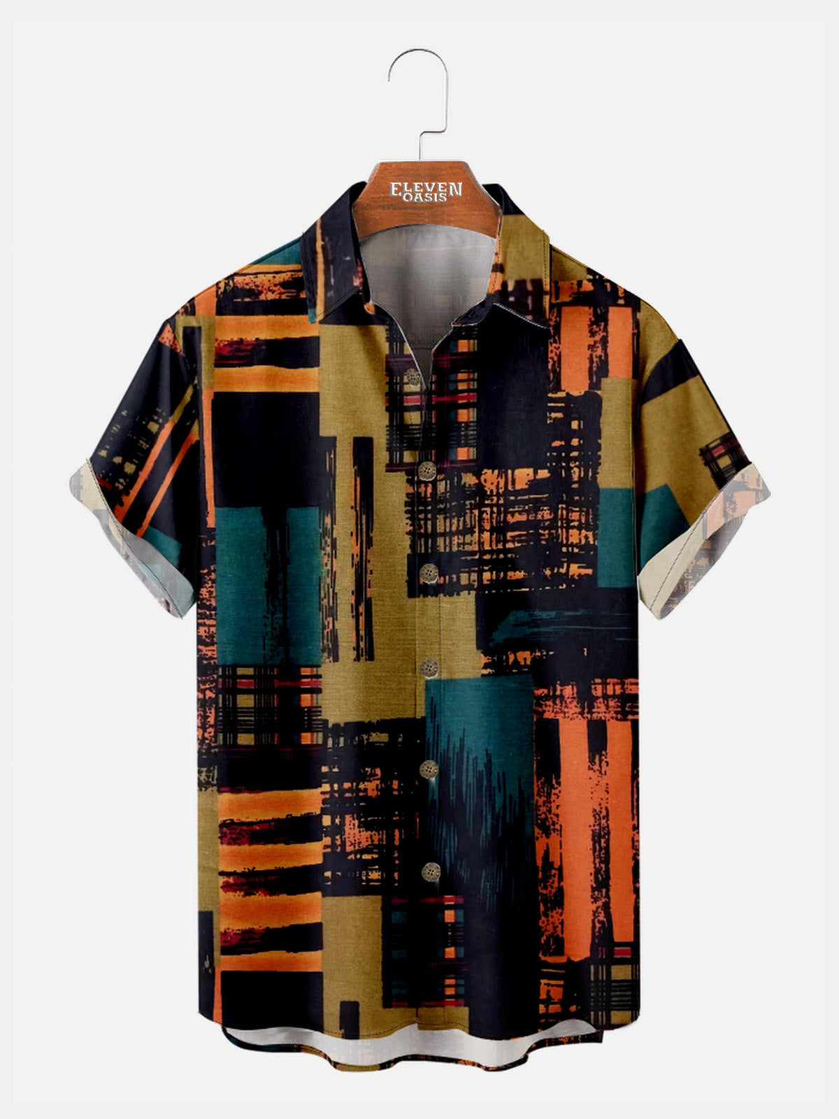 Men's Abstract Geometric Patchwork Short Sleeve Shirt ElevenOasis