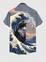 Men's Japan-Inspired Ocean Waves and Cat Short Sleeve Shirt ElevenOasis