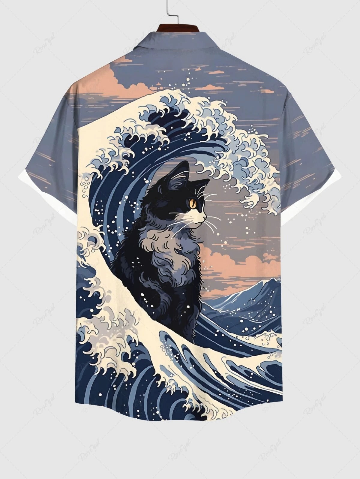 Men's Japan-Inspired Ocean Waves and Cat Short Sleeve Shirt ElevenOasis