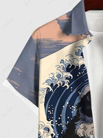 Men's Japan-Inspired Ocean Waves and Cat Short Sleeve Shirt ElevenOasis