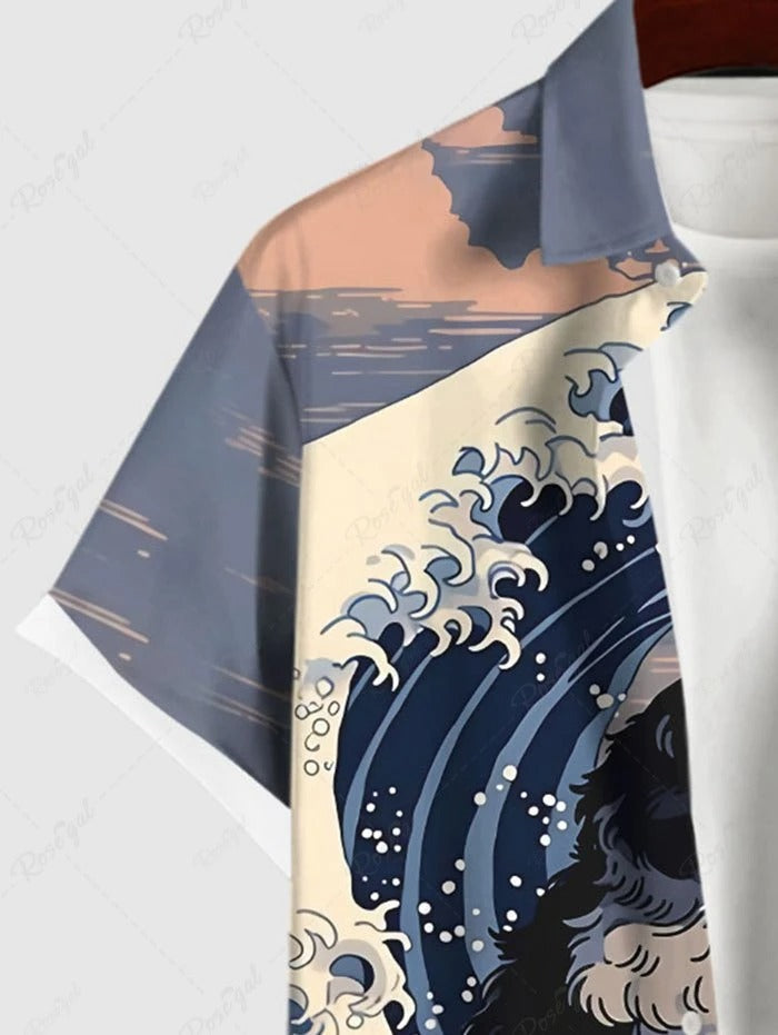 Men's Japan-Inspired Ocean Waves and Cat Short Sleeve Shirt ElevenOasis