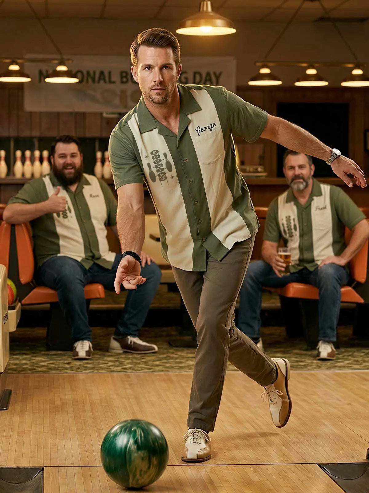 Men's Custom Retro Bowling Sign Short Sleeve Shirt Eleven Oasis