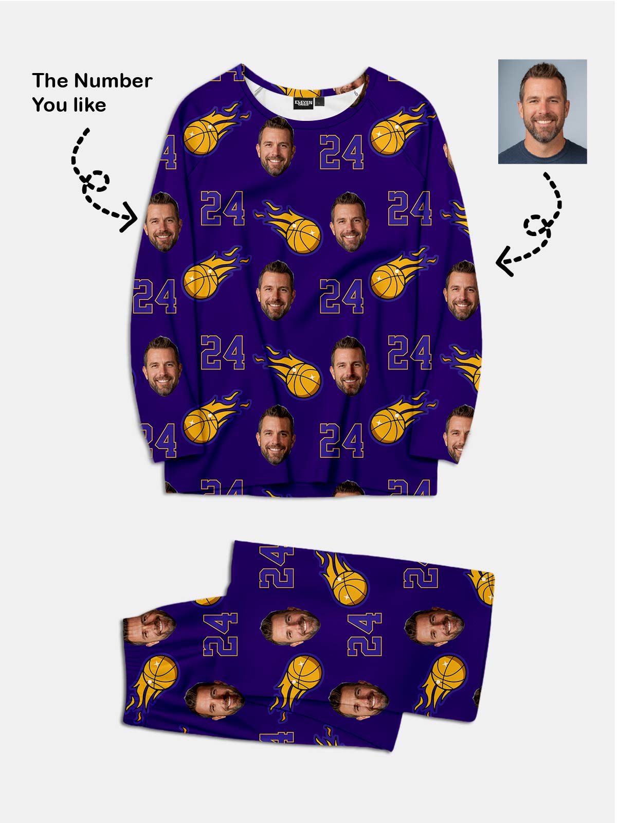 Custom Basketball Team & Face Pajama Set - Purple & Gold Eleven Oasis