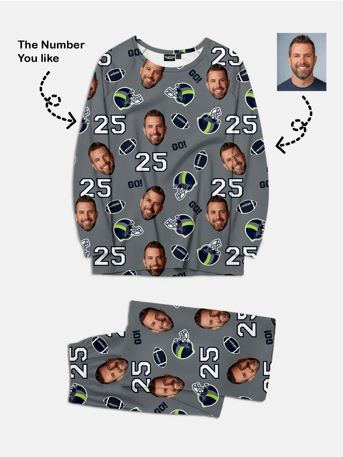 Custom Football Team & Face Pajama Set - Emerald City Blue & Green Eleven Oasis