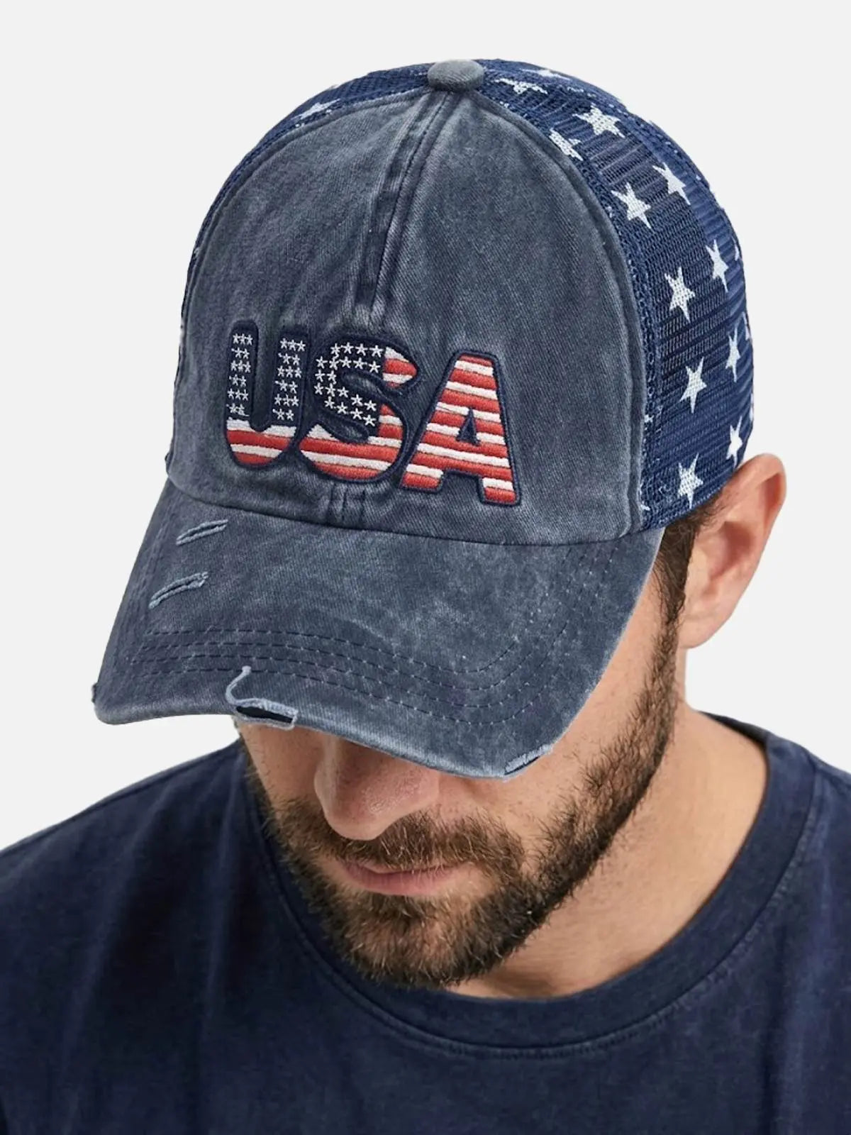 USA Embroidered Distressed Mesh Baseball Cap Eleven Oasis