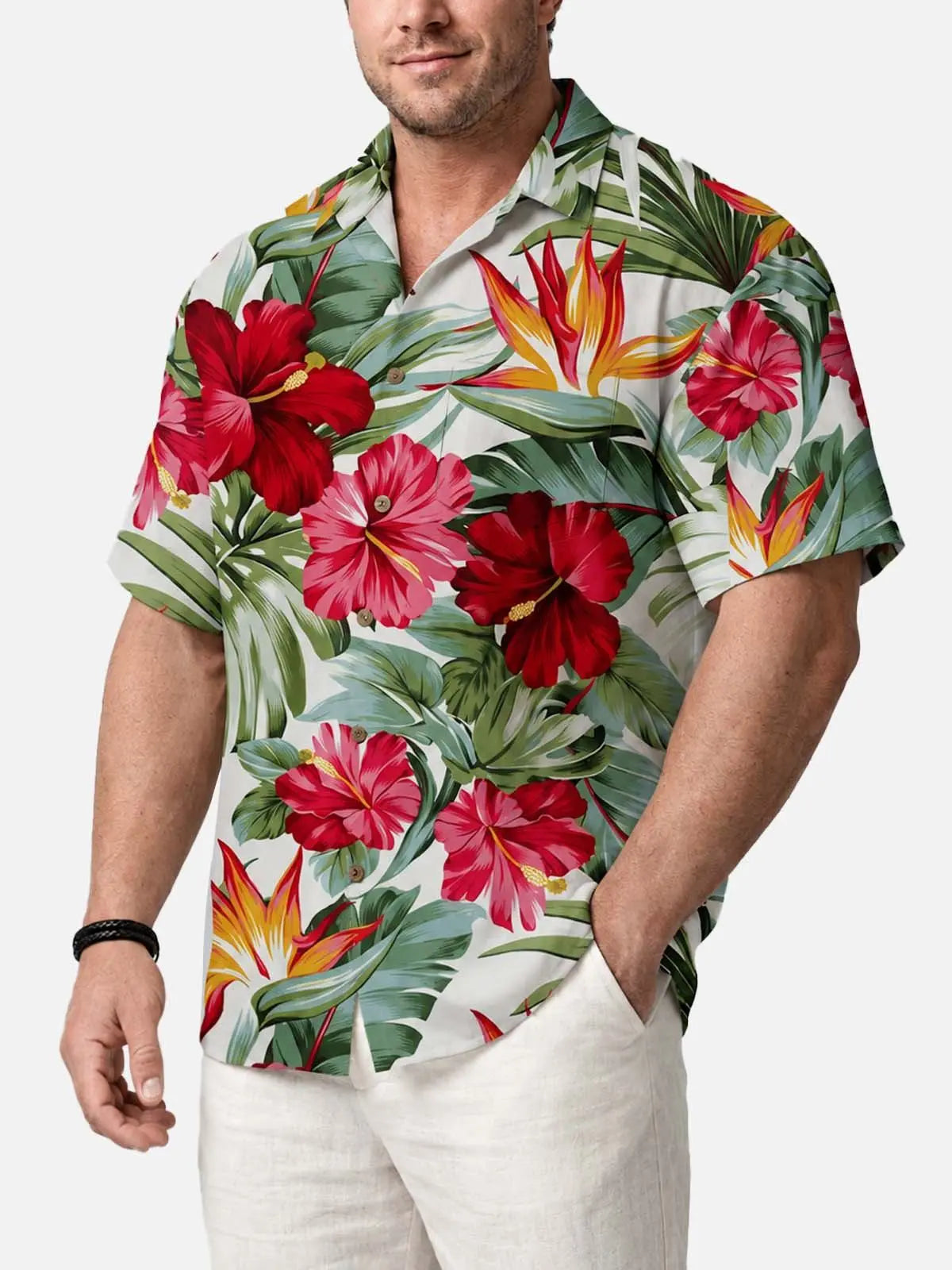 Men's Tropical Hibiscus Paradise Hawaiian Short Sleeve Shirt 
