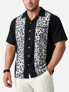 Men's Leopard Print Panel Bowling Short Sleeve Shirt 