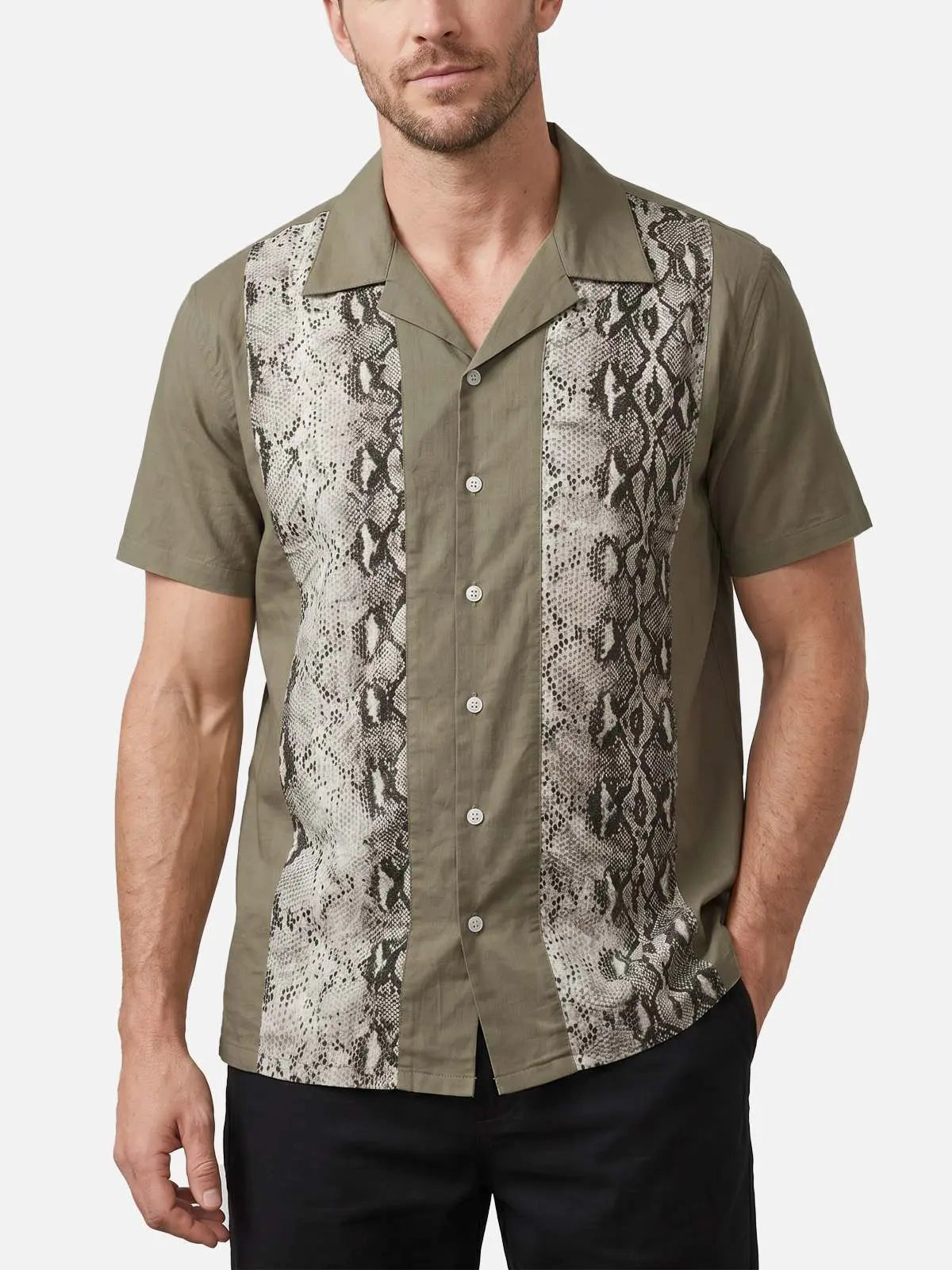 Men's Twin Snakeskin Panel Bowling Short Sleeve Shirt Eleven Oasis