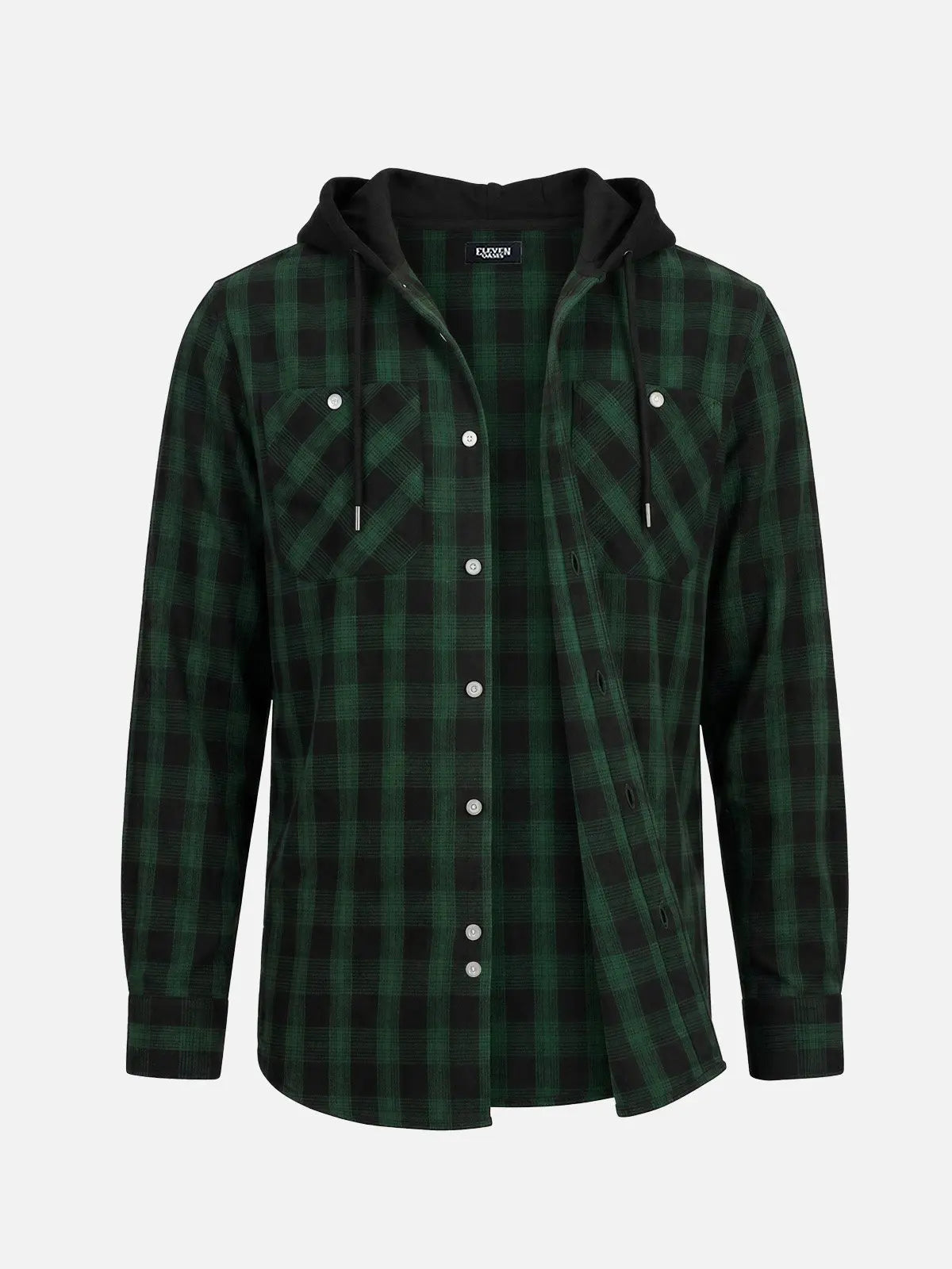 Men's Hooded Plaid Double Pocket Long Sleeve Shirt Eleven Oasis