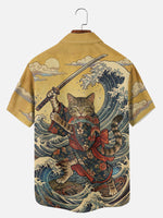 Tall Men's Japanese Samurai Cat Wave Art Short Sleeve Shirt Eleven Oasis