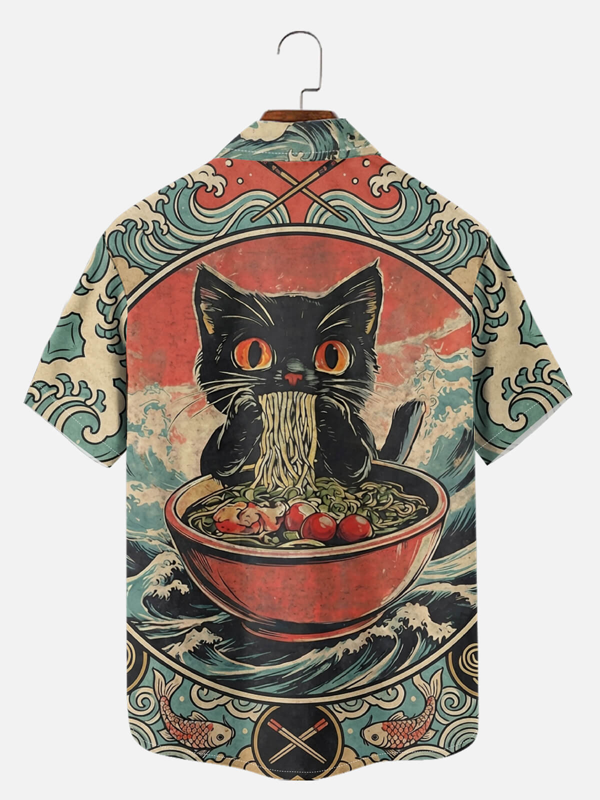 Men's Japanese Ramen Cat Ukiyo-e Short Sleeve Shirt Eleven Oasis