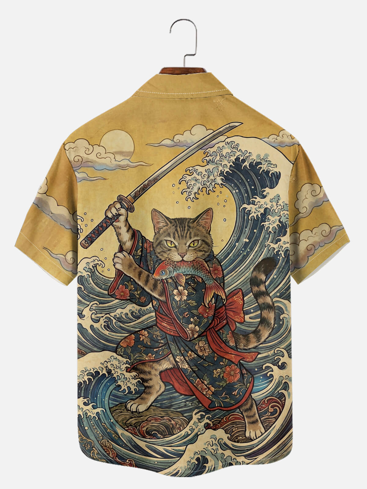 Men's Japanese Samurai Cat Wave Art Short Sleeve Shirt Eleven Oasis