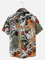 Men's Japanese Koi & Wave Tattoo Art Camp Collar Short Sleeve Shirt Eleven Oasis