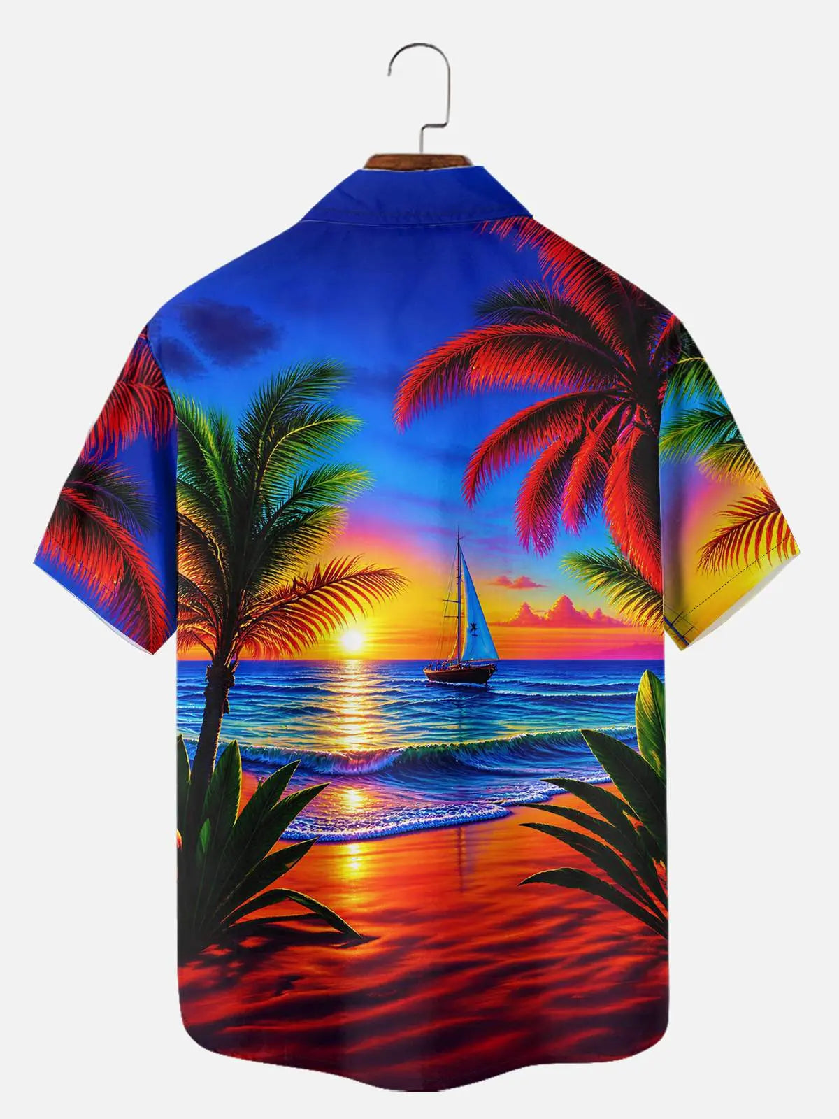 Tall Men's Vibrant Sunset Beach Ocean Sand Vacation Short Sleeve Shirt ElevenOasis