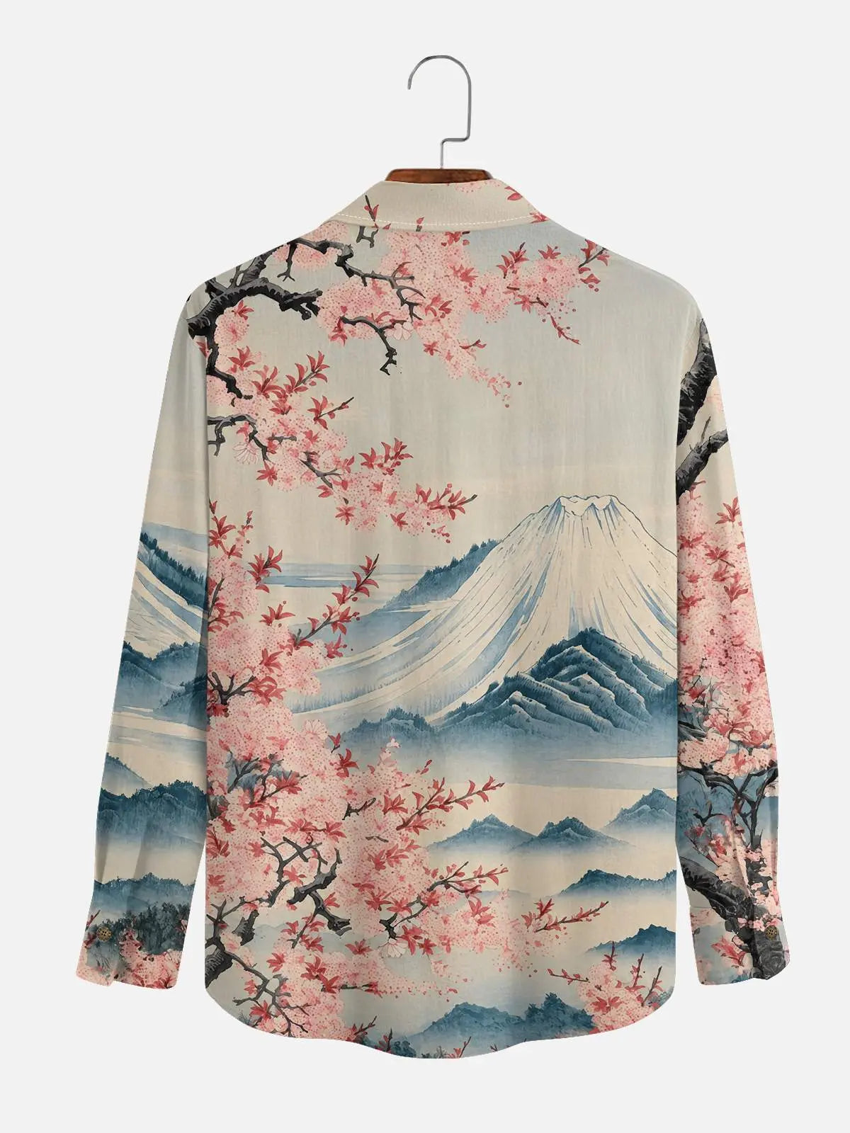 Men's Japan-Inspired Mt Fuji and Cherry Blossoms Long Sleeve Casual Shirt?